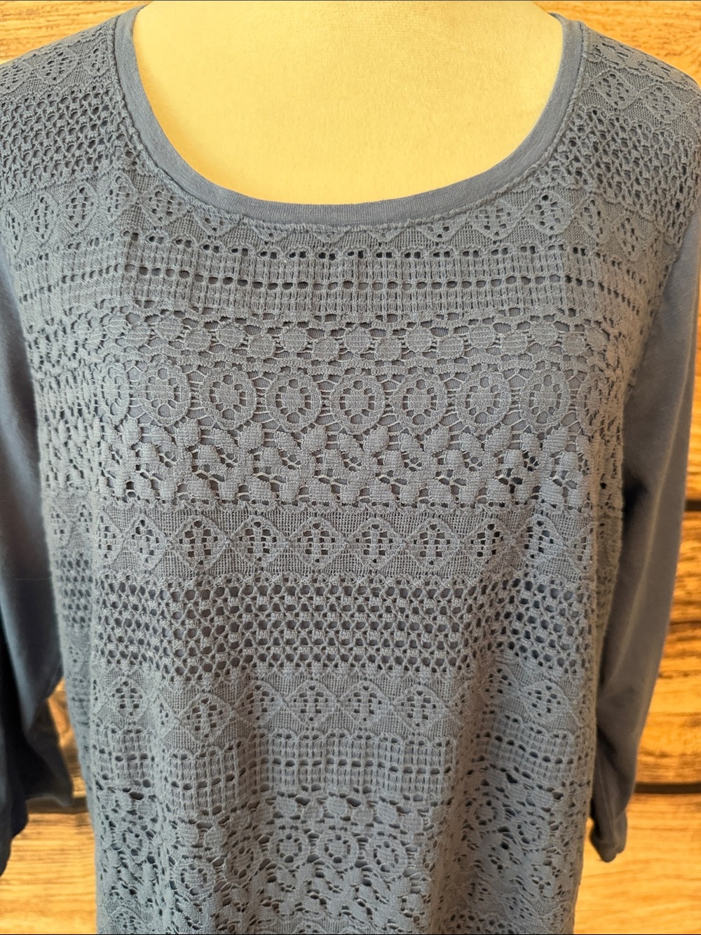 croft & barrow Blue Crochet-Front Long Sleeve Tee - Picture 4 of 6